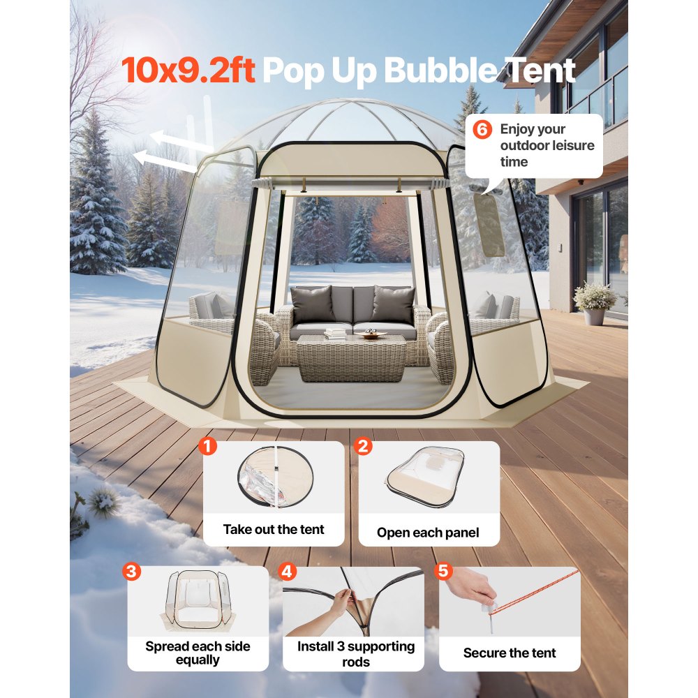 VEVOR Tienda de Campaña Plegable, 305 x 275 x 220 cm, Impermeable y Resistente a Los Rayos UV, Tienda Transparente con Ventanas y Vista Panorámica de 540° para 4-8 Personas para Patio y Jardín