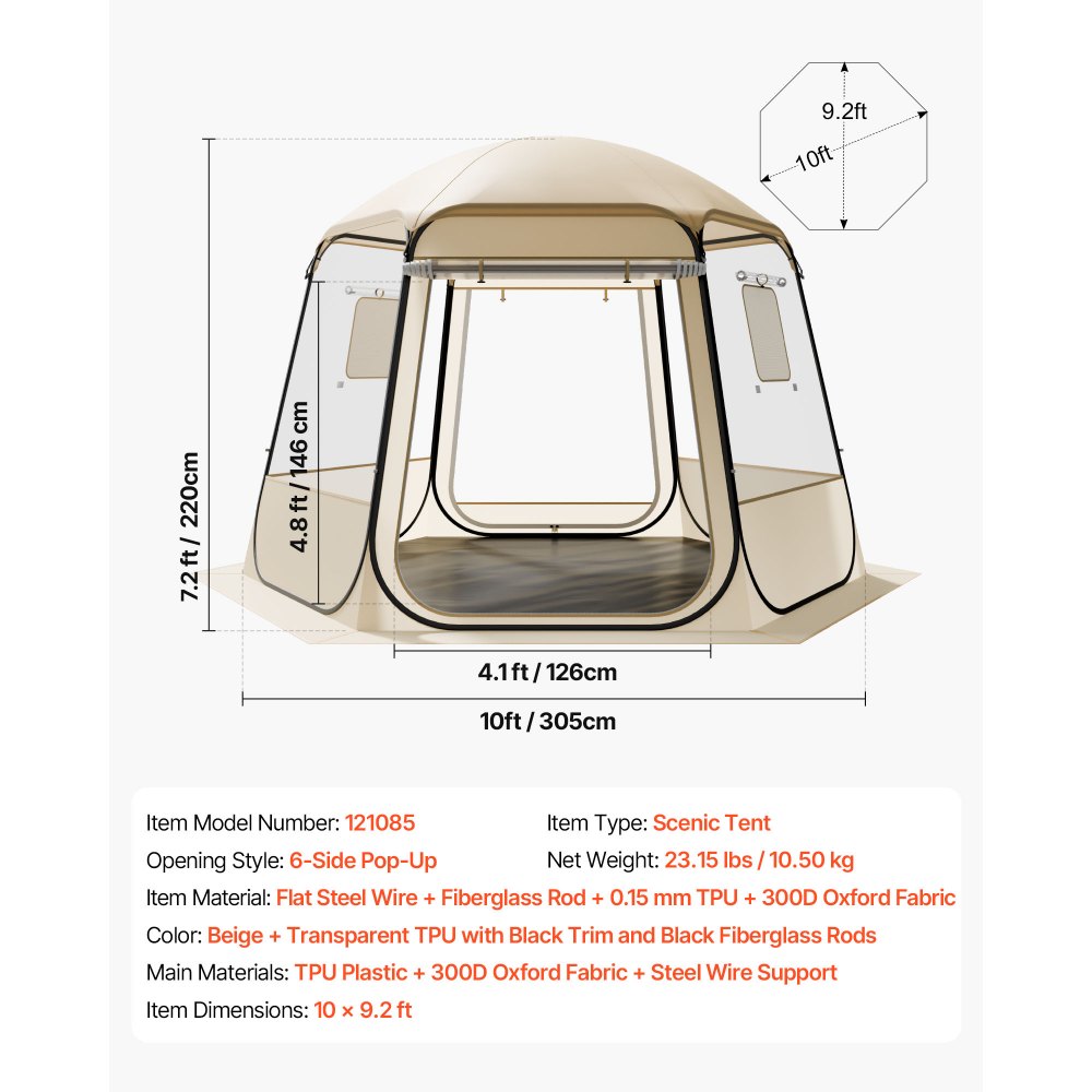 VEVOR Tienda de Campaña Plegable, 305 x 275 x 220 cm, Impermeable y Resistente a Los Rayos UV, Tienda Transparente con Ventanas y Vista Panorámica de 540° para 4-8 Personas para Patio y Jardín