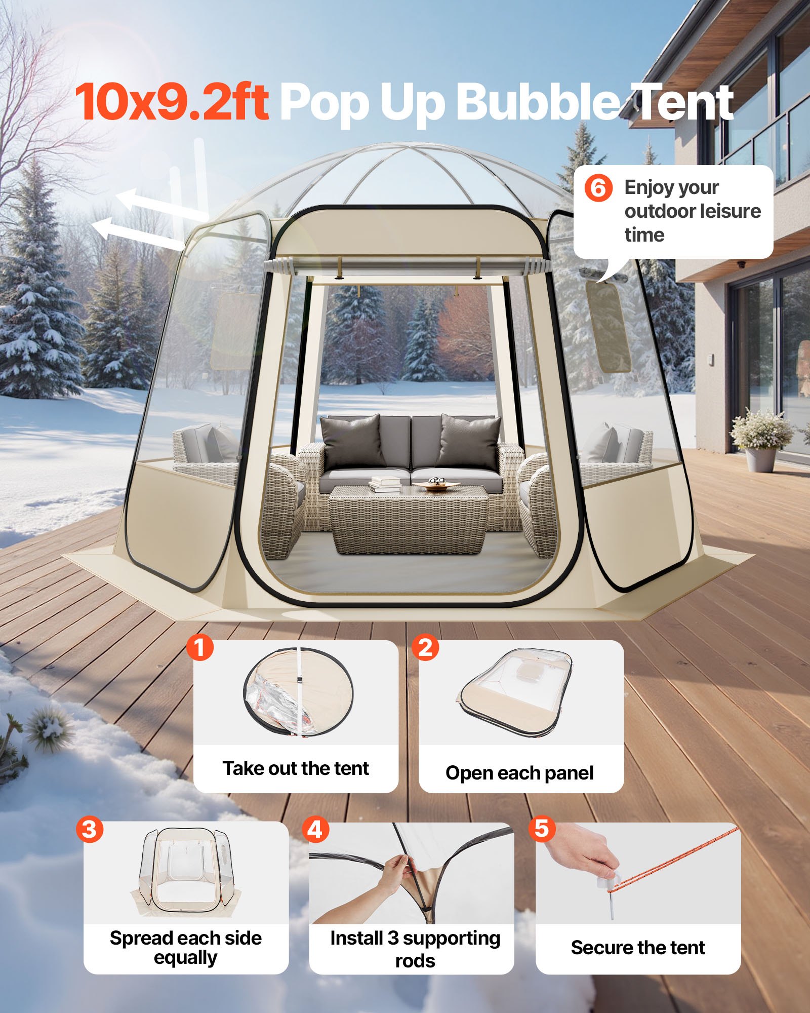 VEVOR Tienda de Campaña Plegable, 305 x 275 x 220 cm, Impermeable y Resistente a Los Rayos UV, Tienda Transparente con Ventanas y Vista Panorámica de 540° para 4-8 Personas para Patio y Jardín