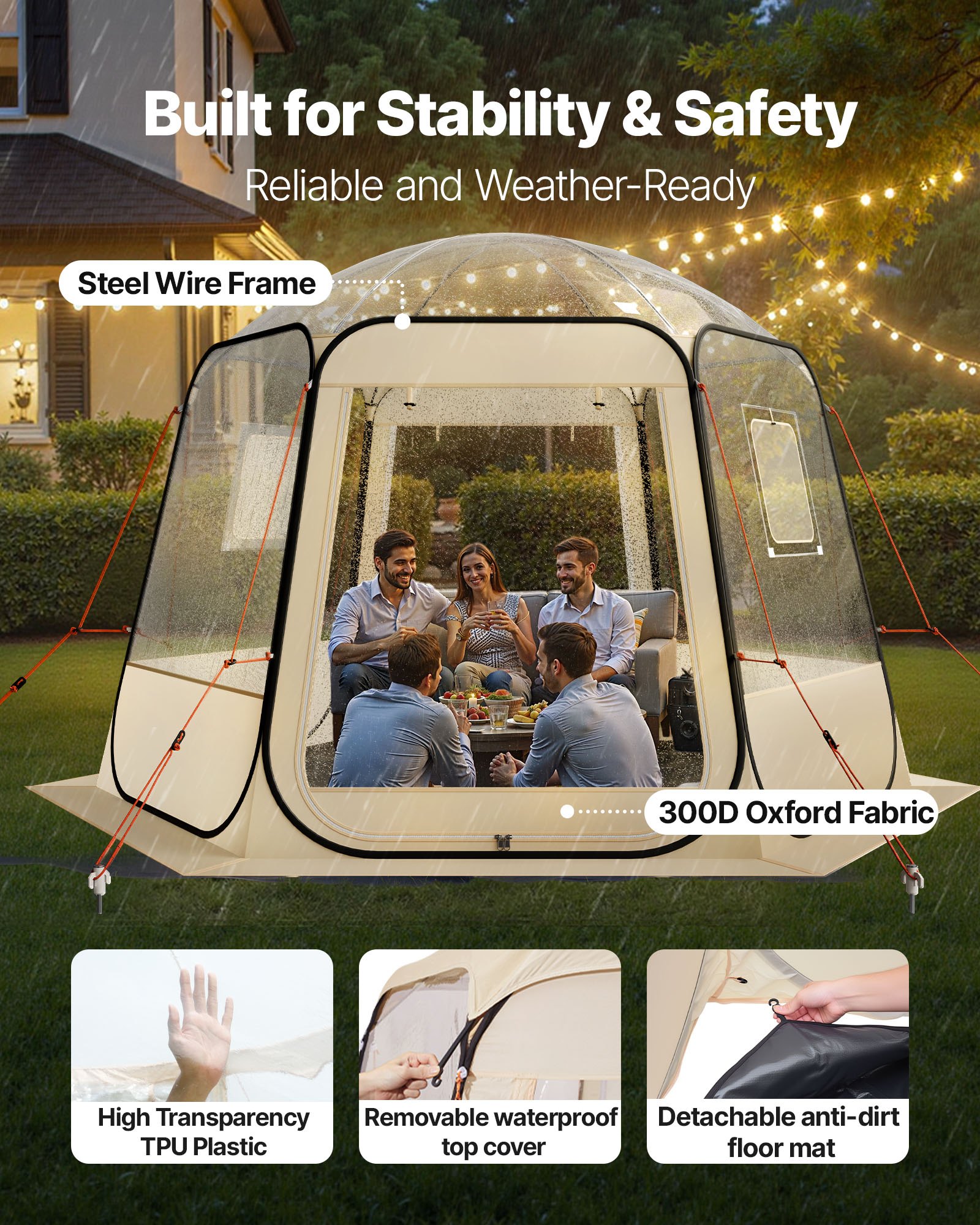 VEVOR Tienda de Campaña Plegable, 305 x 275 x 220 cm, Impermeable y Resistente a Los Rayos UV, Tienda Transparente con Ventanas y Vista Panorámica de 540° para 4-8 Personas para Patio y Jardín