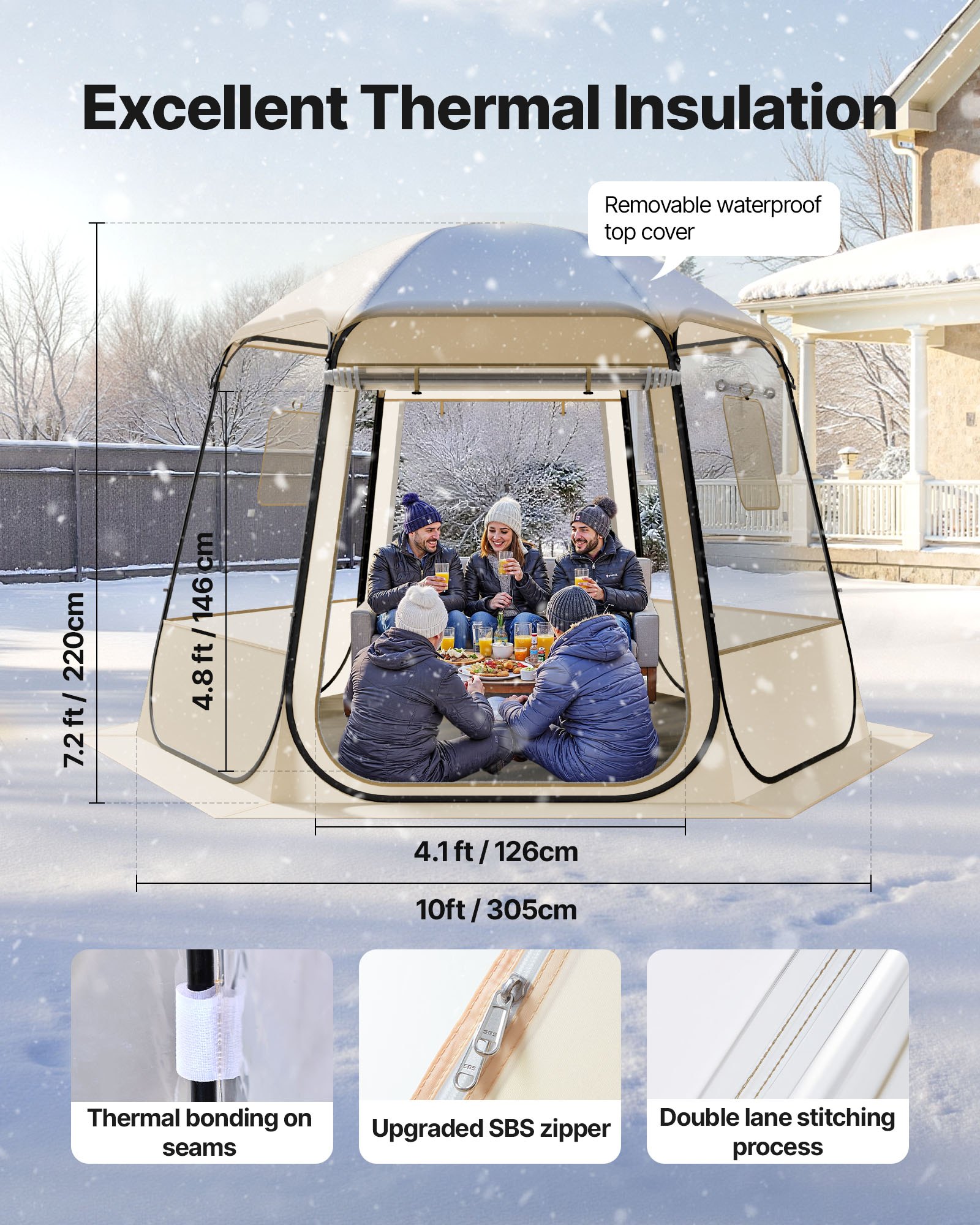 VEVOR Tienda de Campaña Plegable, 305 x 275 x 220 cm, Impermeable y Resistente a Los Rayos UV, Tienda Transparente con Ventanas y Vista Panorámica de 540° para 4-8 Personas para Patio y Jardín