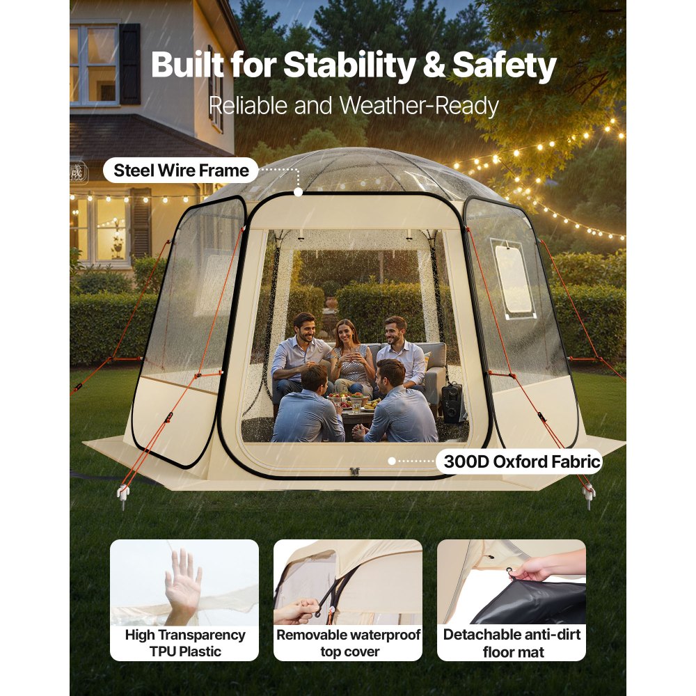 VEVOR Tienda de Campaña Plegable, 336 x 305 x 220 cm, Impermeable y Resistente a Los Rayos UV, Tienda Transparente con Ventanas y Vista Panorámica de 540° para 8-10 Personas para Patio y Jardín
