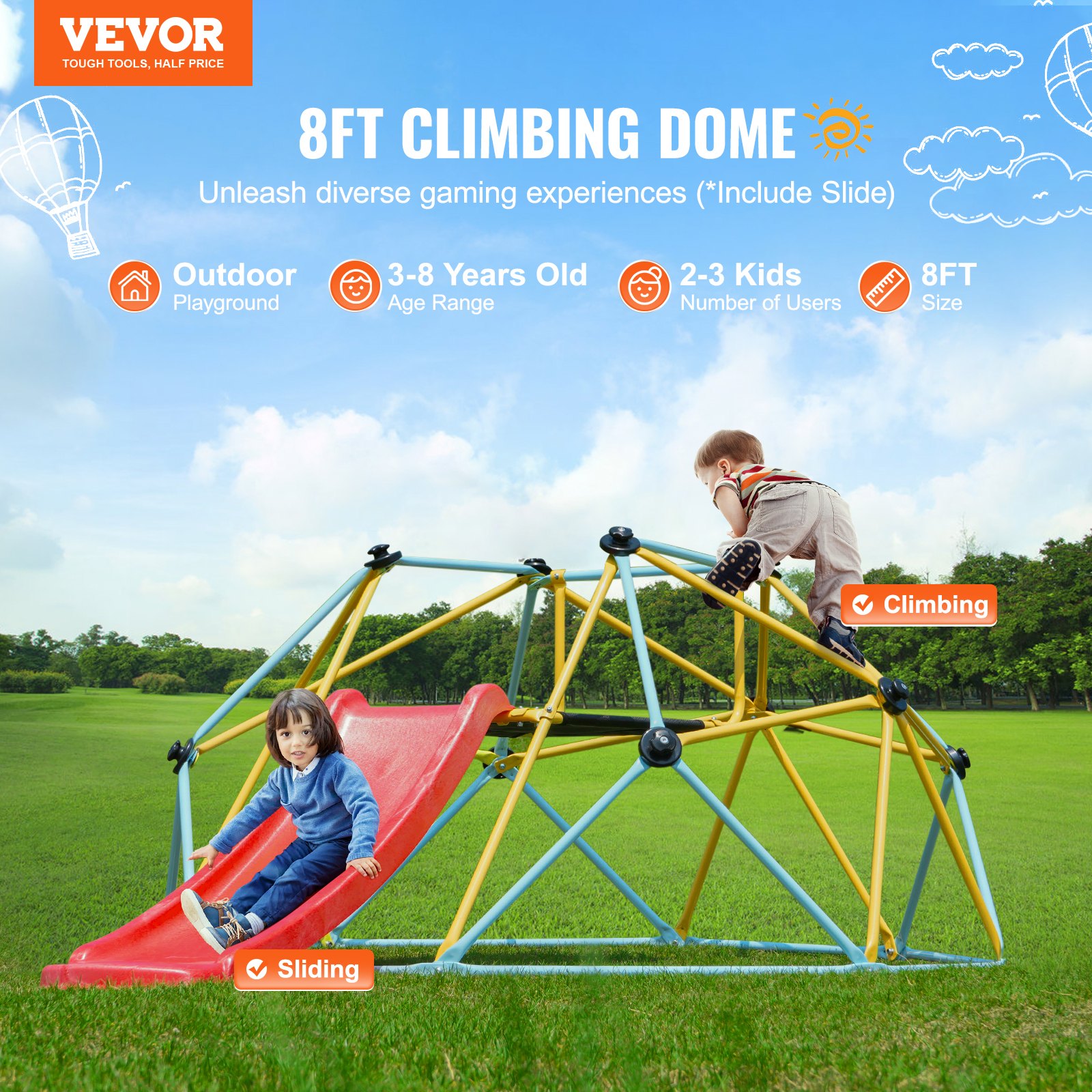 VEVOR Cúpula de Escalada, Escalador de Cúpula Geométrica con Tobogán, para Niños de 3 a 9 Años, con Agarre de Escalada, Equipo de Juego para Exteriores e Interiores para Niños, 183 x 244 x 91,5 cm