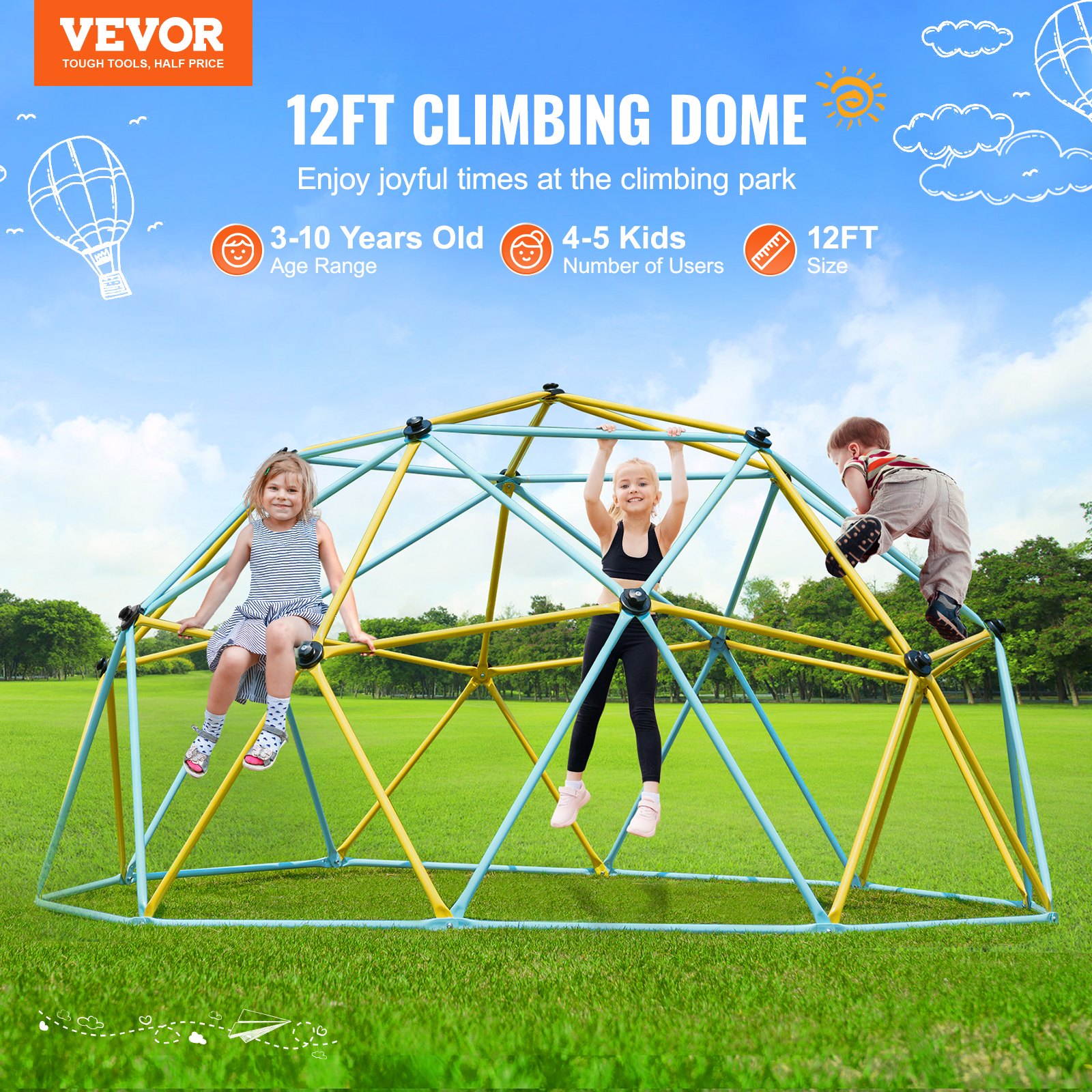 VEVOR Cúpula de Escalada, Centro de Juegos Escalador de Cúpula Geométrica para Niños de 3 a 10 Años con Agarre de Escalada, Equipo de Juego para Patio Trasero al Aire Libre, 366 x 366 x 182 cm