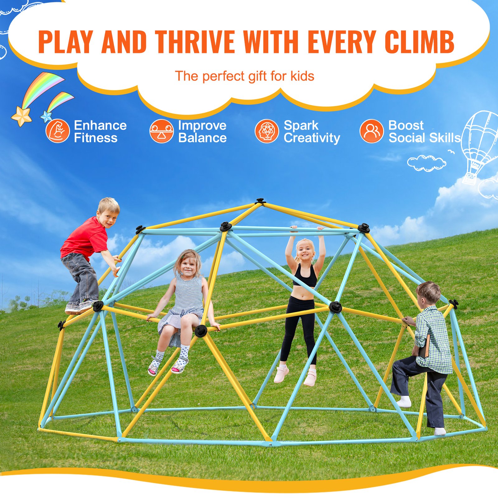 VEVOR Cúpula de Escalada, Centro de Juegos Escalador de Cúpula Geométrica para Niños de 3 a 10 Años con Agarre de Escalada, Equipo de Juego para Patio Trasero al Aire Libre, 366 x 366 x 182 cm