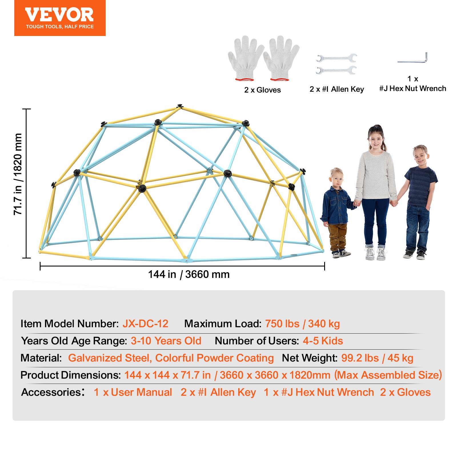 VEVOR Cúpula de Escalada, Centro de Juegos Escalador de Cúpula Geométrica para Niños de 3 a 10 Años con Agarre de Escalada, Equipo de Juego para Patio Trasero al Aire Libre, 366 x 366 x 182 cm