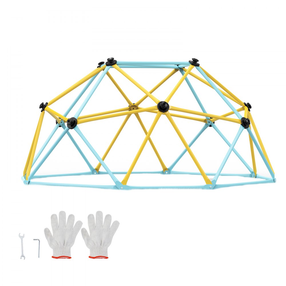 Cúpula de escalada VEVOR amarilla y azul con herramientas de montaje incluidas y guantes blancos sobre fondo blanco.