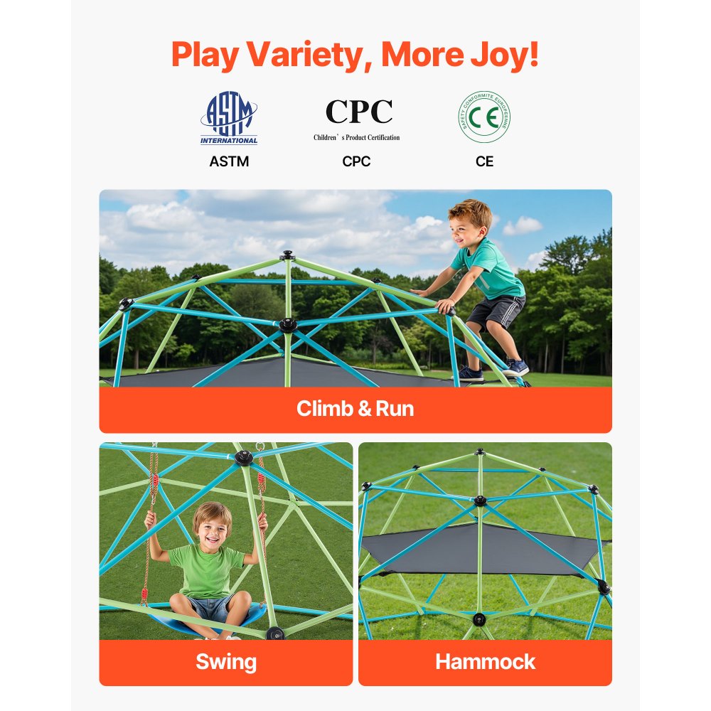 VEVOR Cúpula de Escalada 305 cm Juego de Cúpula Geométrica con Columpio y Hamaca Capacidad de Carga de 453 kg para Niños de 3 a 10 Años Juego de Domo de Escalada para Jardín, Parque, Exterior
