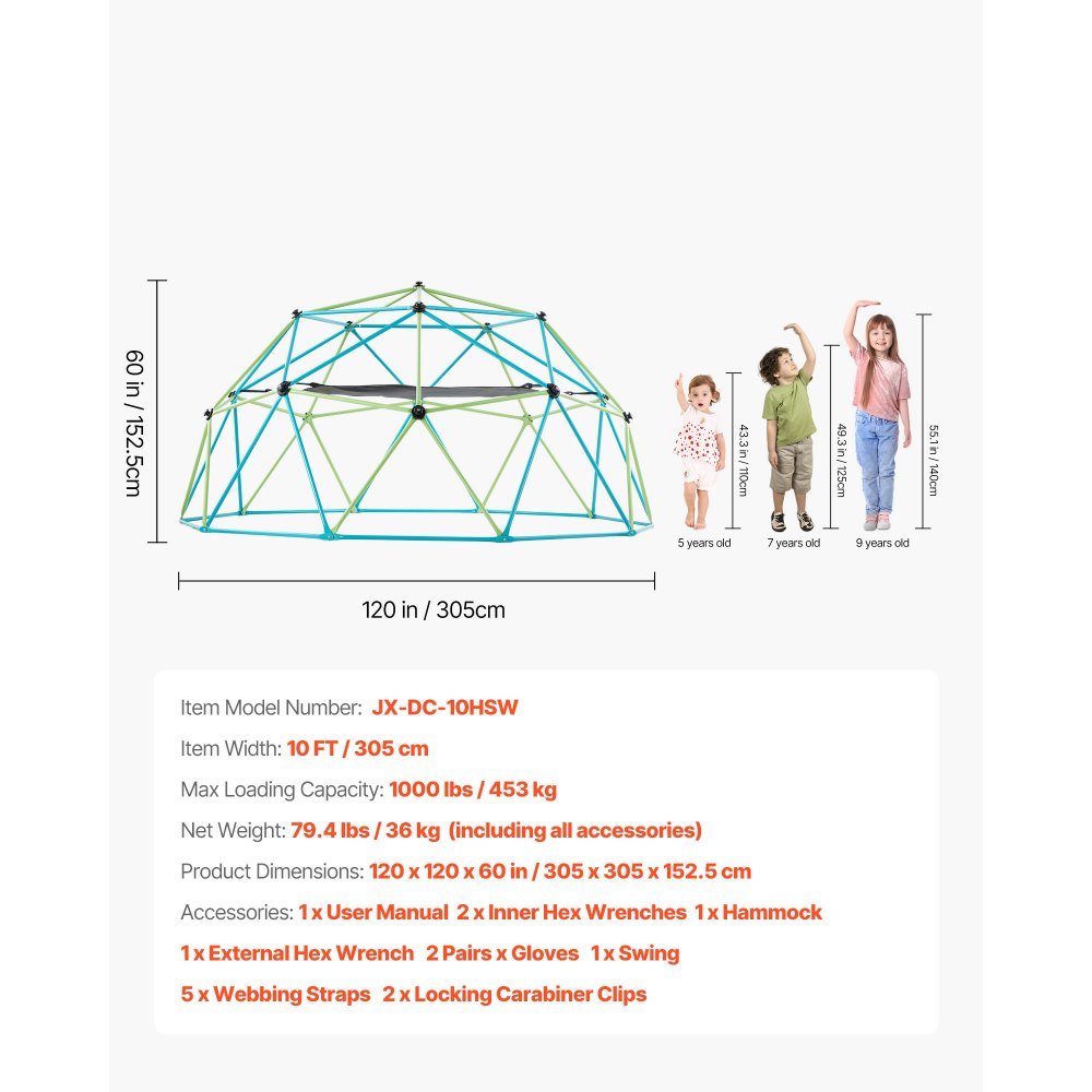 VEVOR Cúpula de Escalada 305 cm Juego de Cúpula Geométrica con Columpio y Hamaca Capacidad de Carga de 453 kg para Niños de 3 a 10 Años Juego de Domo de Escalada para Jardín, Parque, Exterior