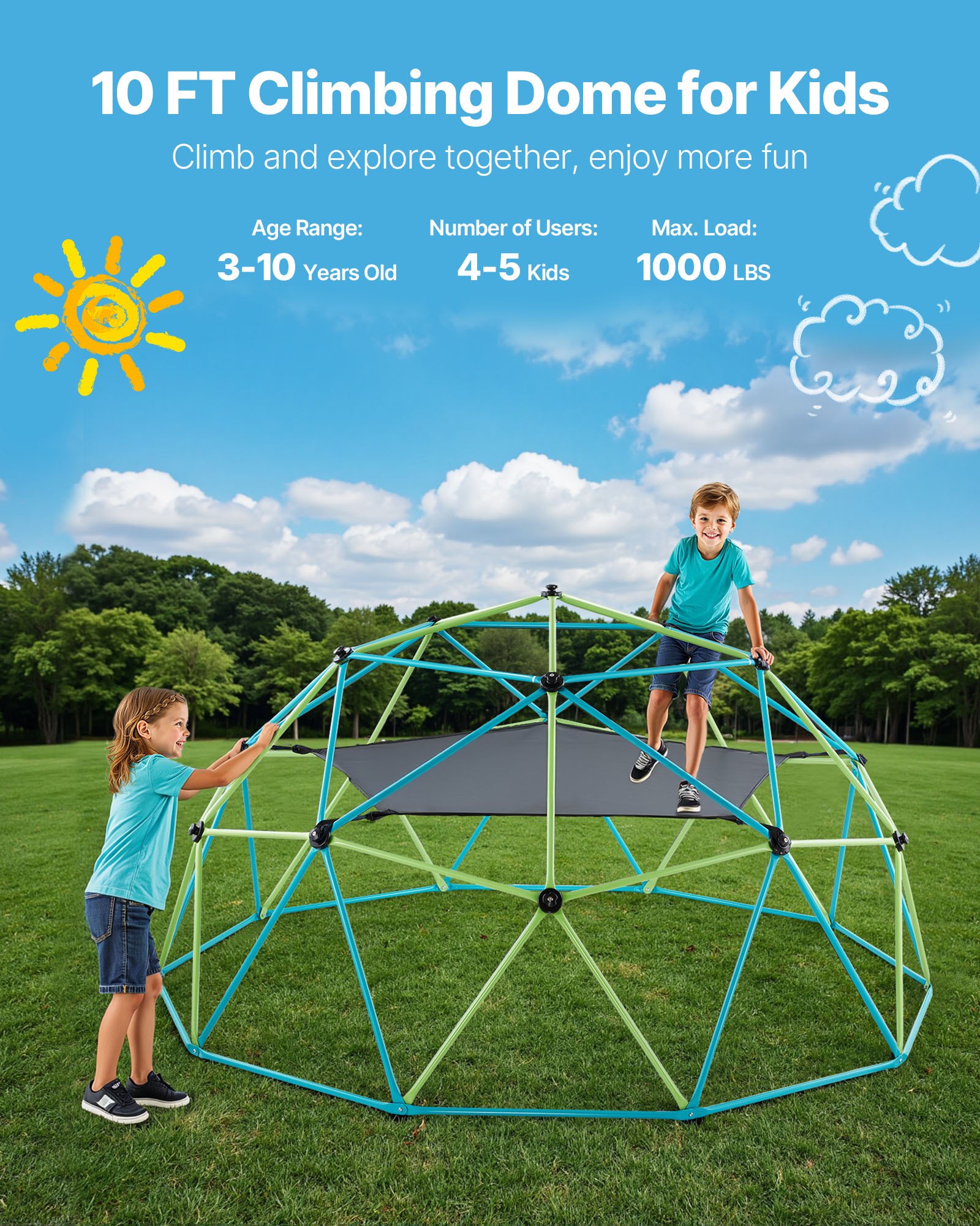 VEVOR Cúpula de Escalada 305 cm Juego de Cúpula Geométrica con Columpio y Hamaca Capacidad de Carga de 453 kg para Niños de 3 a 10 Años Juego de Domo de Escalada para Jardín, Parque, Exterior