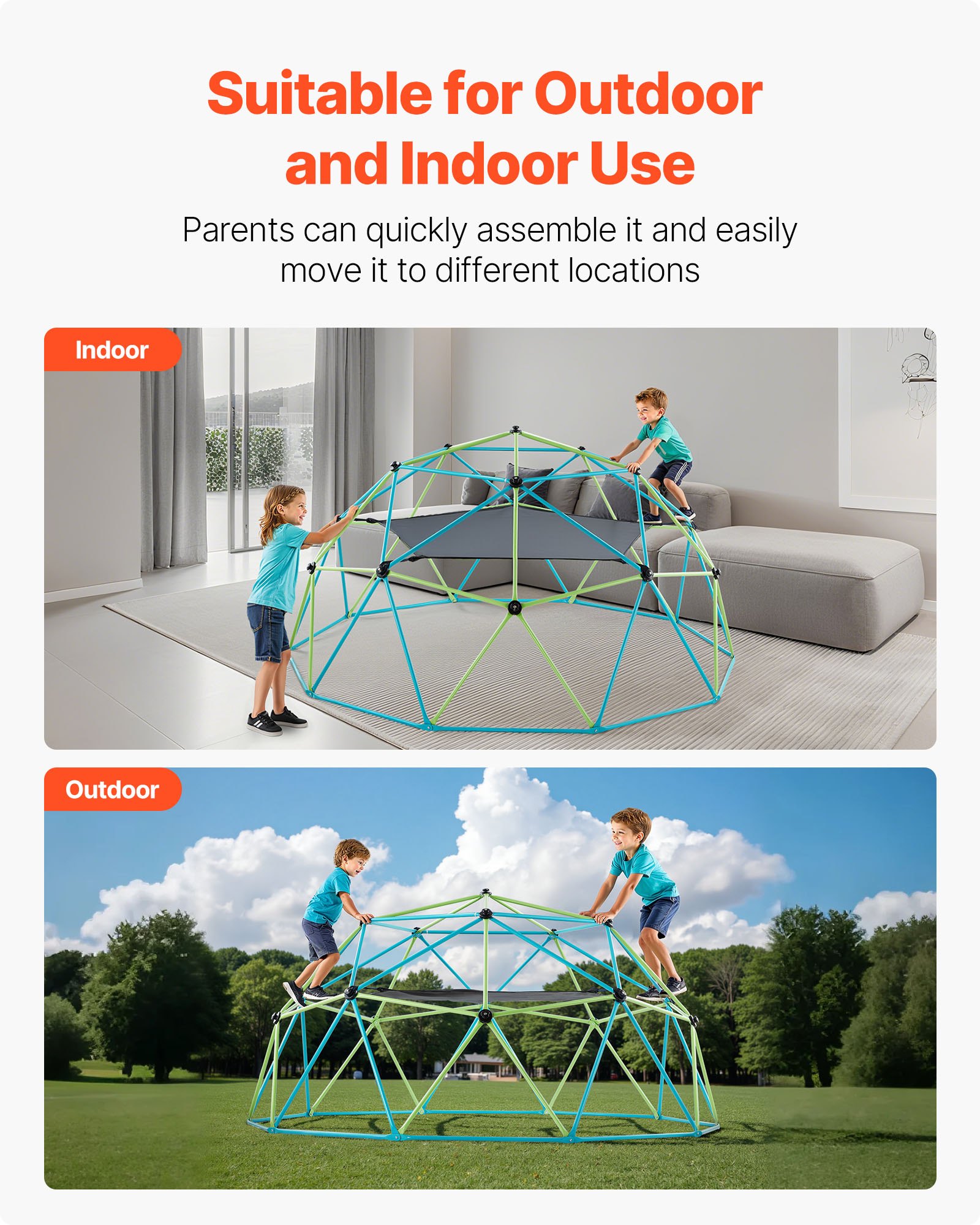 VEVOR Cúpula de Escalada 305 cm Juego de Cúpula Geométrica con Columpio y Hamaca Capacidad de Carga de 453 kg para Niños de 3 a 10 Años Juego de Domo de Escalada para Jardín, Parque, Exterior