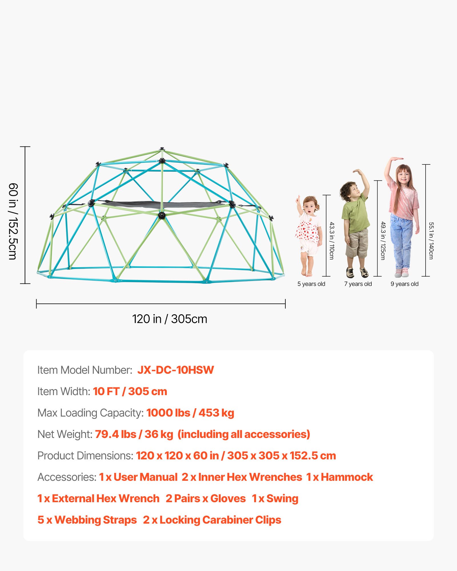 VEVOR Cúpula de Escalada 305 cm Juego de Cúpula Geométrica con Columpio y Hamaca Capacidad de Carga de 453 kg para Niños de 3 a 10 Años Juego de Domo de Escalada para Jardín, Parque, Exterior