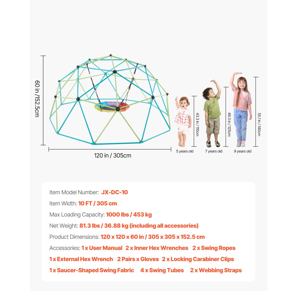 VEVOR Cúpula de Escalada 305 cm Juego de Cúpula Geométrica con Columpio de Platillo Capacidad de Carga de 453 kg para Niños de 3 a 10 Años Juego de Domo de Escalada para Jardín, Parque, Exterior