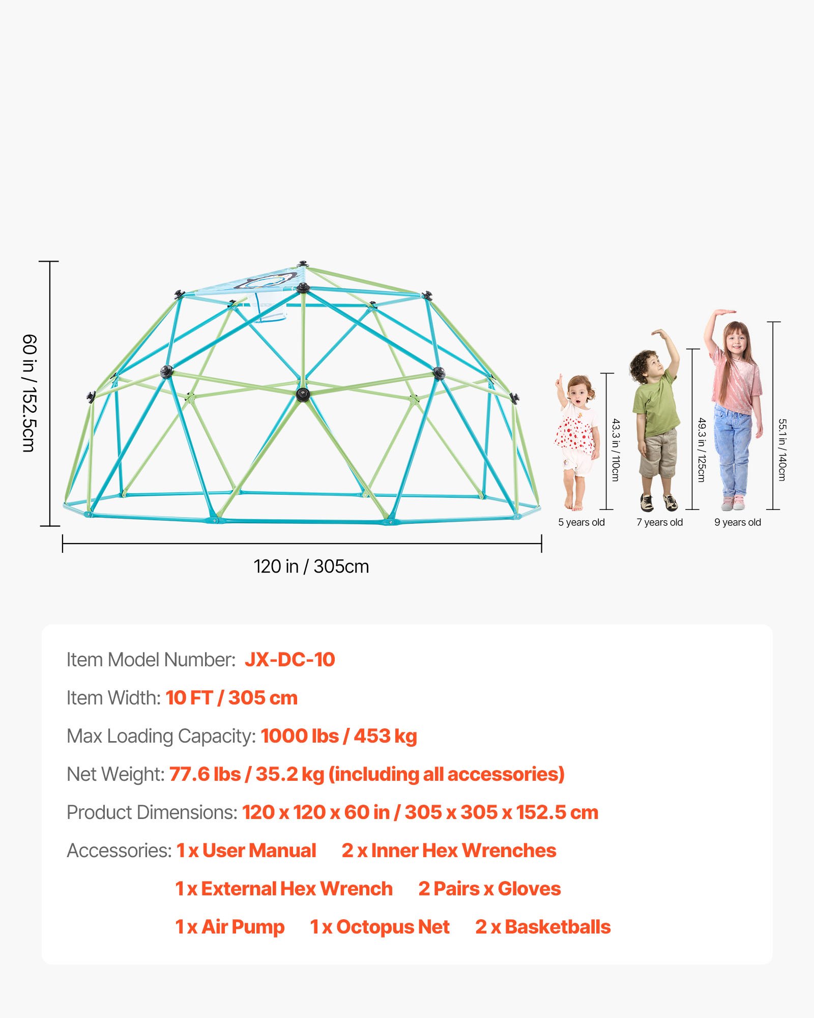 VEVOR Climbing Dome, 305cm Geometric Dome Climber for Kids, 453kg Loading Jungle Gym Playground with Octopus Net & 2 Basketballs, Easy-Assembly Outdoor Backyard Climbing Toys - Gift for Boys Girls