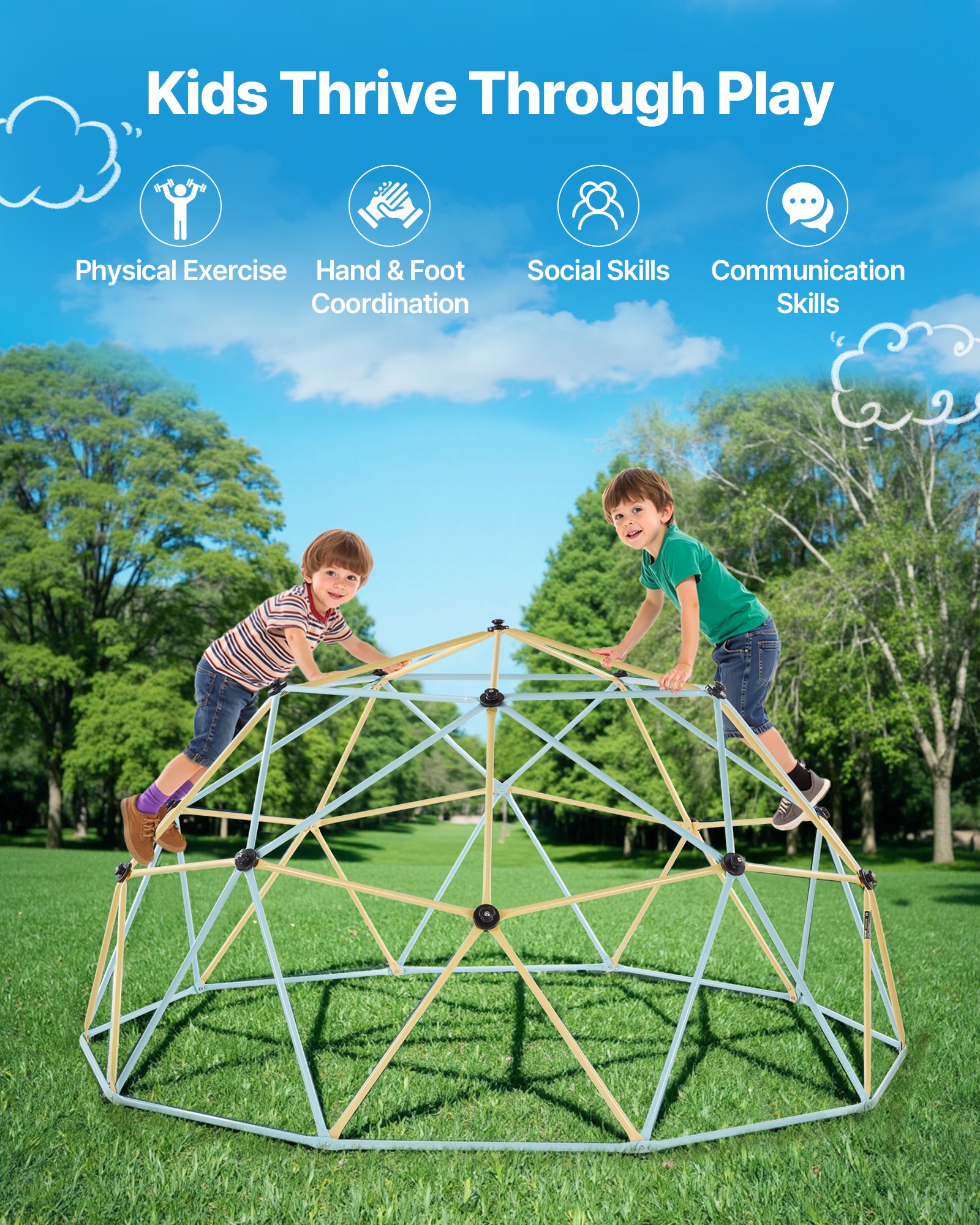 VEVOR Cúpula de Escalada 305 cm Juego de Cúpula Geométrica con 2 Pelotas, 1 Red, 1 Bomba de Aire Capacidad de Carga de 453 kg Juego de Domo de Escalada para Jardín, Parque, Exterior, Azul y Amarillo