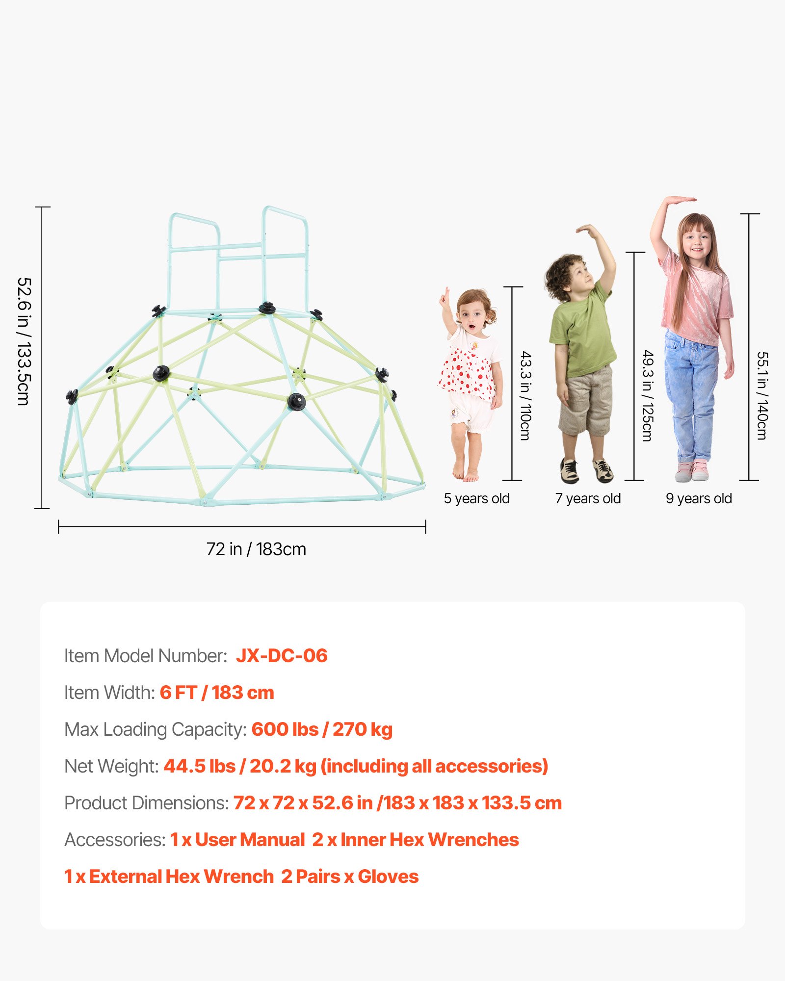 VEVOR Cúpula de Escalada 183 x 183 x 133,5 cm Juego de Cúpula Geométrica Capacidad de Carga de 270 kg para Niños de 3 a 10 Años Juego de Domo de Escalada para Jardín, Patio, Parque, Exterior