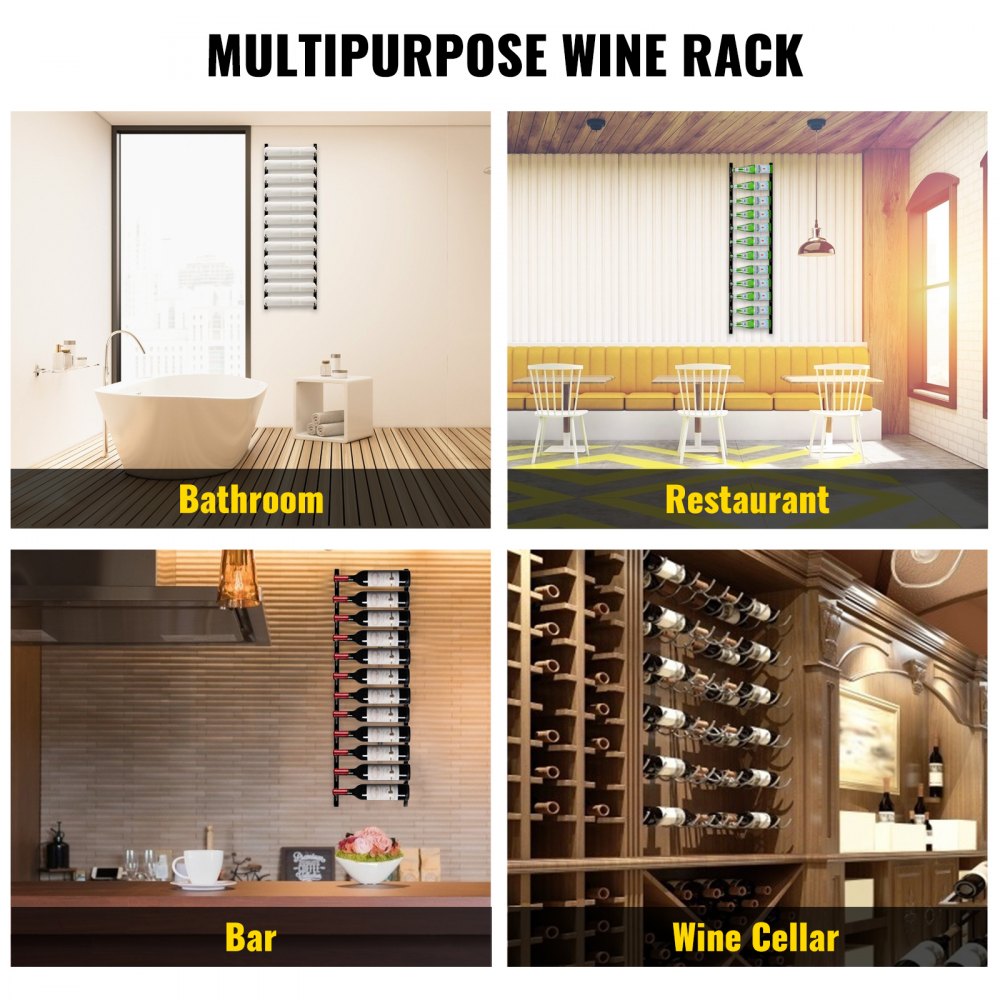 VEVOR Botellero Vertical de Pared 12 Botellas Estante Vertical para Vino 1220x150x25 mm Botellero Metálico de Pared Vertical de Acero Q235 con Recubrimiento para Colgar Toallas Botellas de Vino Negro