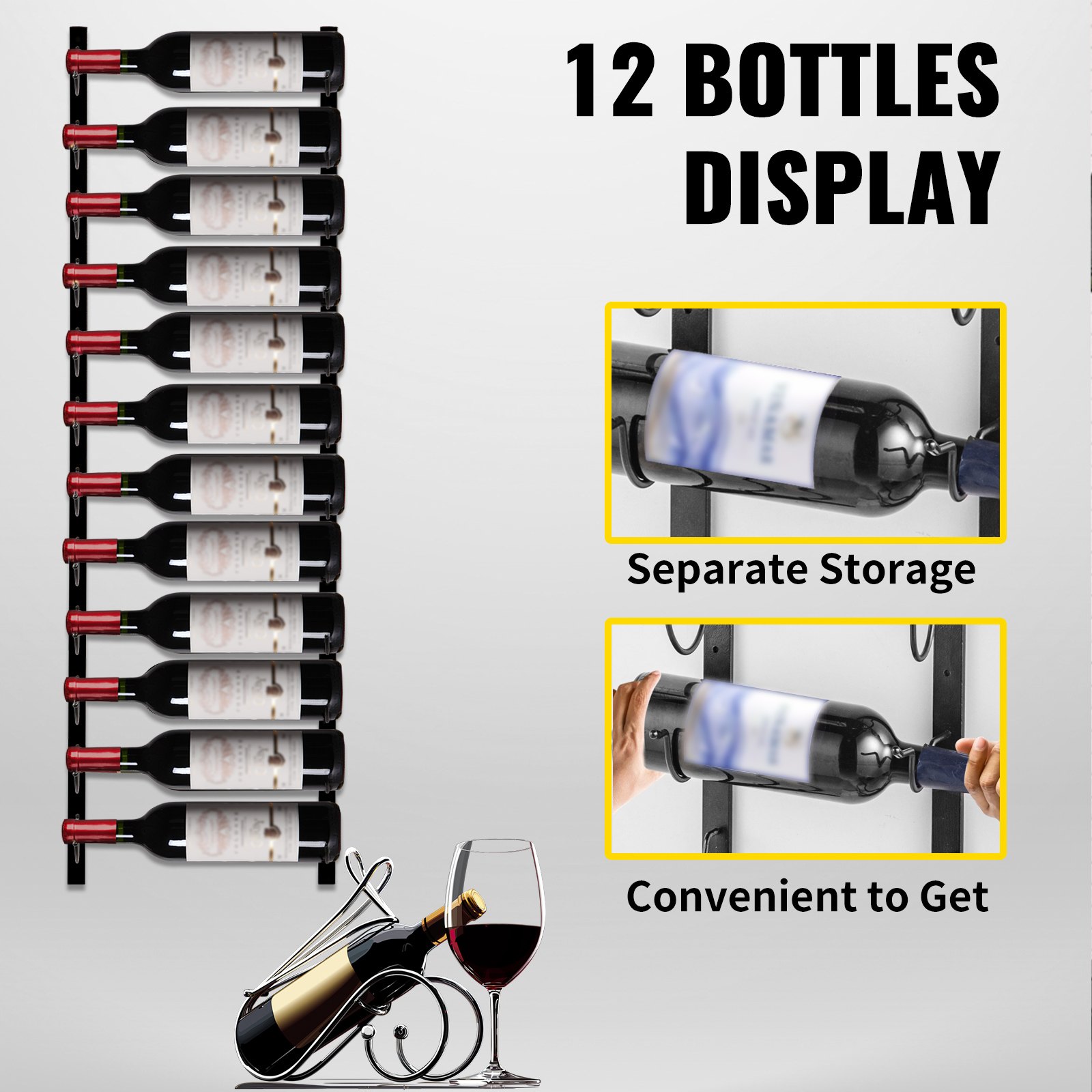 VEVOR Botellero Vertical de Pared 12 Botellas Estante Vertical para Vino 1220x150x25 mm Botellero Metálico de Pared Vertical de Acero Q235 con Recubrimiento para Colgar Toallas Botellas de Vino Negro