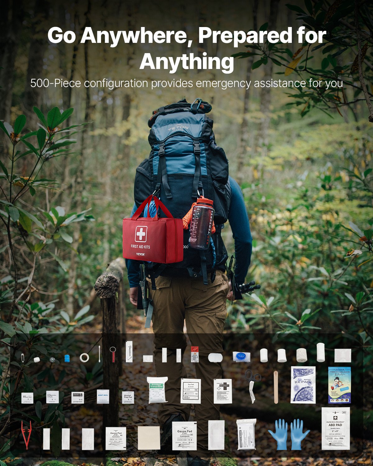 VEVOR Botiquín de Primeros Auxilios, Bolsa Grande de Supervivencia de Nailon 600D de 230 x 140 x 190 mm con 500 Piezas de Suministros Médicos para Viajes, Deportes y Emergencias al Aire Libre