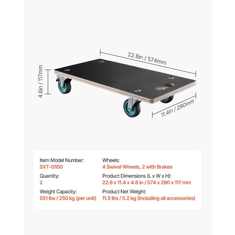 VEVOR 2 PCS Plataforma Rodante para Muebles de 574 x 290 x 117 mm con 4 Ruedas Silenciosas de TPR, Capacidad de Carga de 250 kg, Plataforma Rodante Rectangular Multifuncional para Muebles, Negro