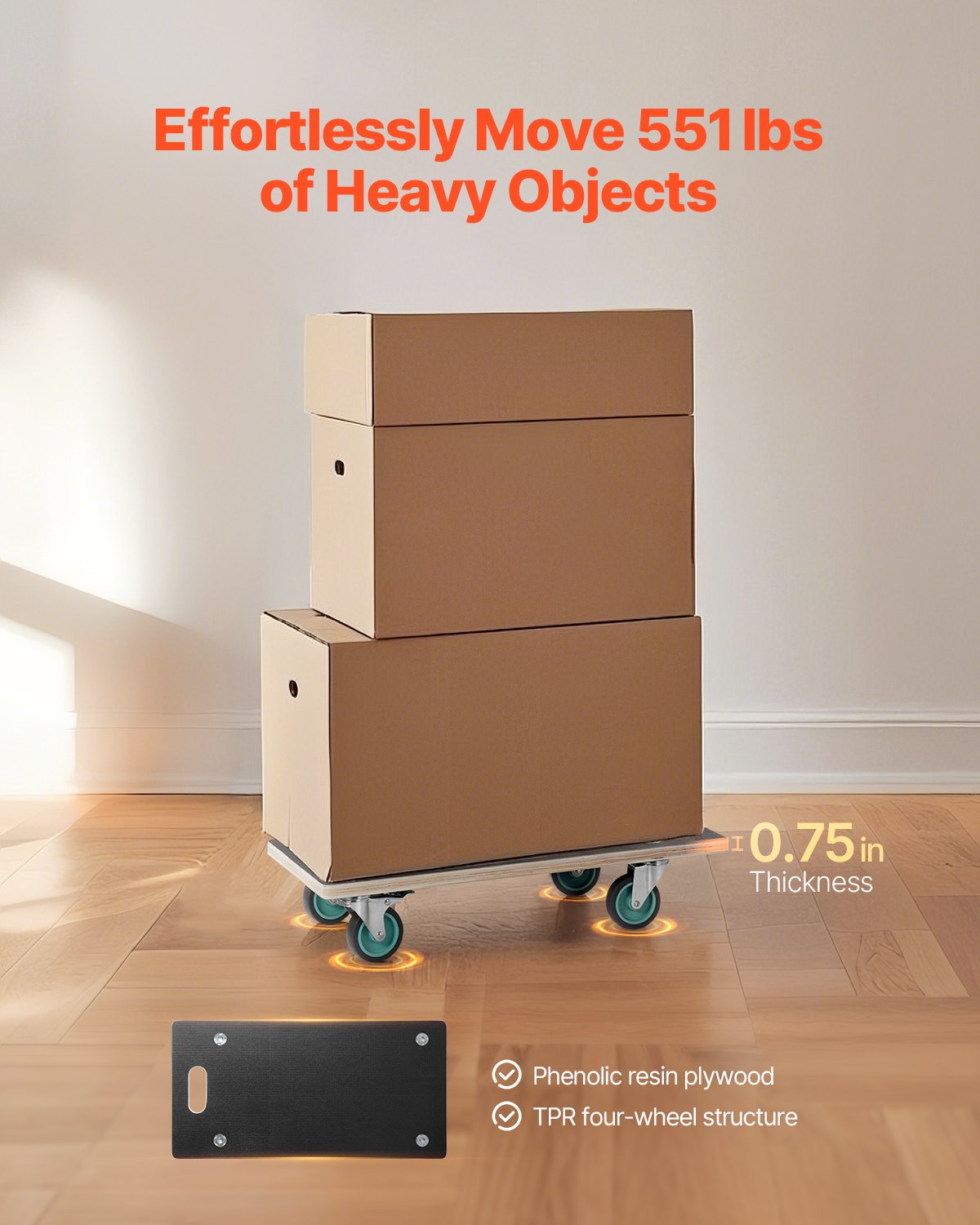 VEVOR Dolly, 250 kg Load Capacity, Furniture Transport Trolley with 4 Quiet TPR Wheels, Rectangular Transport Dolly for Piano, Furniture, Couch, Washing Machine, Refrigerator, Set of 2, Black