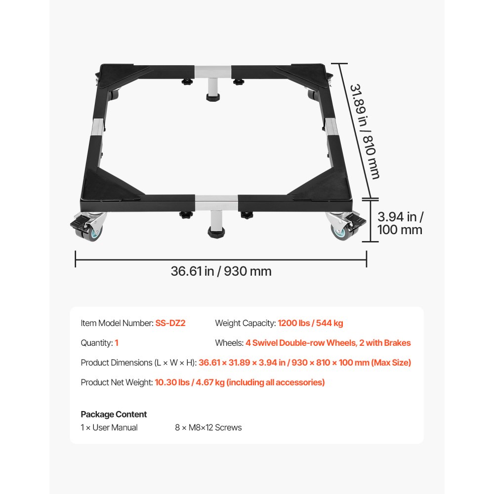 VEVOR Base Móvil para Muebles 930 x 810 x 100 mm con 8 Ruedas Gemelas con Bloqueo y 4 Frenos, Capacidad de Carga de 544 kg, Plataforma Rodante Ajustable de 584,2-929,64 mm para Lavadora, Frigorífico