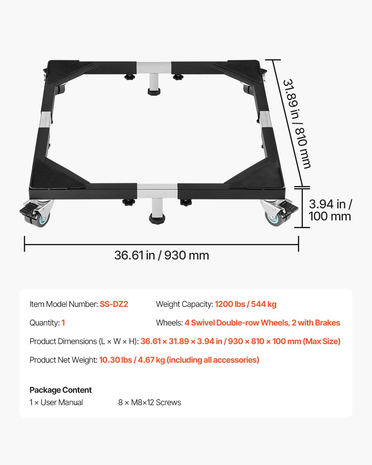 VEVOR Base Móvil para Muebles 930 x 810 x 100 mm con 8 Ruedas Gemelas con Bloqueo y 4 Frenos, Capacidad de Carga de 544 kg, Plataforma Rodante Ajustable de 584,2-929,64 mm para Lavadora, Frigorífico