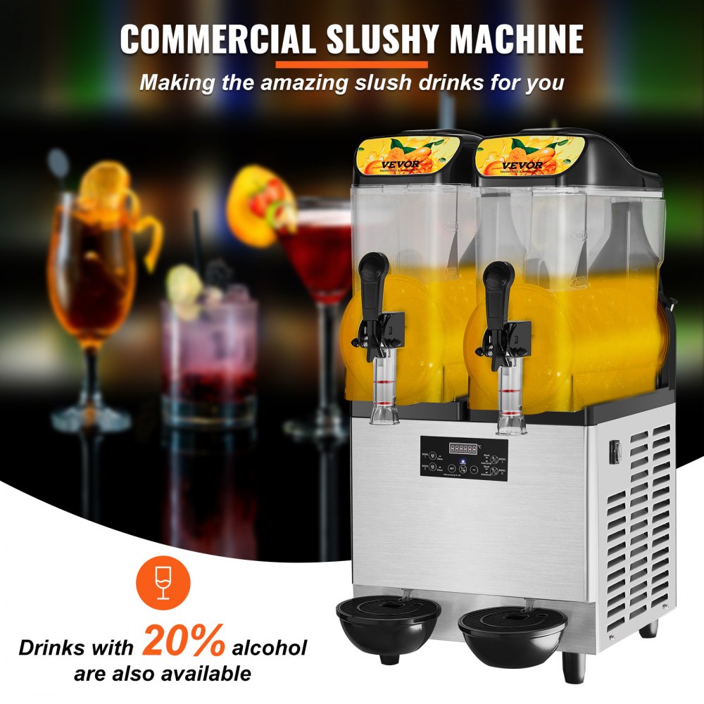 VEVOR Máquina de Granizados Comercial de 2 x 12 L 2 Tazones Máquina para Hacer Granizados de Bebidas Congeladas de Acero Inoxidable y PC con Panel de Control para Restaurantes Cafeterías Bares