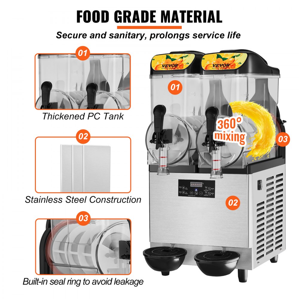 VEVOR Máquina de Granizados Comercial de 2 x 12 L 2 Tazones Máquina para Hacer Granizados de Bebidas Congeladas de Acero Inoxidable y PC con Panel de Control para Restaurantes Cafeterías Bares