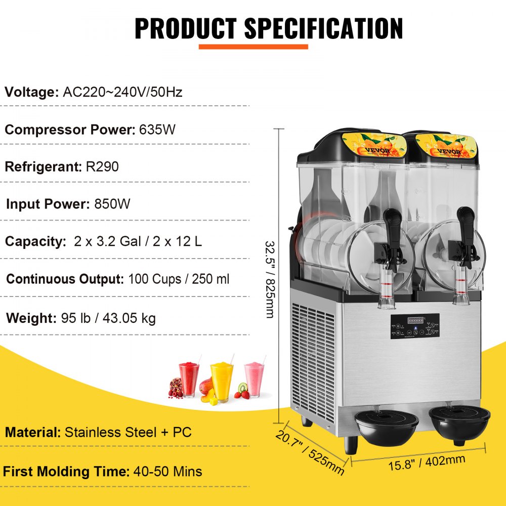VEVOR Máquina de Granizados Comercial de 2 x 12 L 2 Tazones Máquina para Hacer Granizados de Bebidas Congeladas de Acero Inoxidable y PC con Panel de Control para Restaurantes Cafeterías Bares