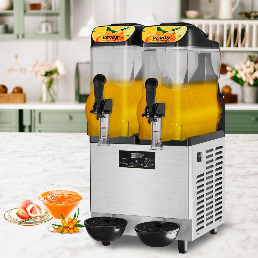 VEVOR Máquina de Granizados Comercial de 2 x 12 L 2 Tazones Máquina para Hacer Granizados de Bebidas Congeladas de Acero Inoxidable y PC con Panel de Control para Restaurantes Cafeterías Bares