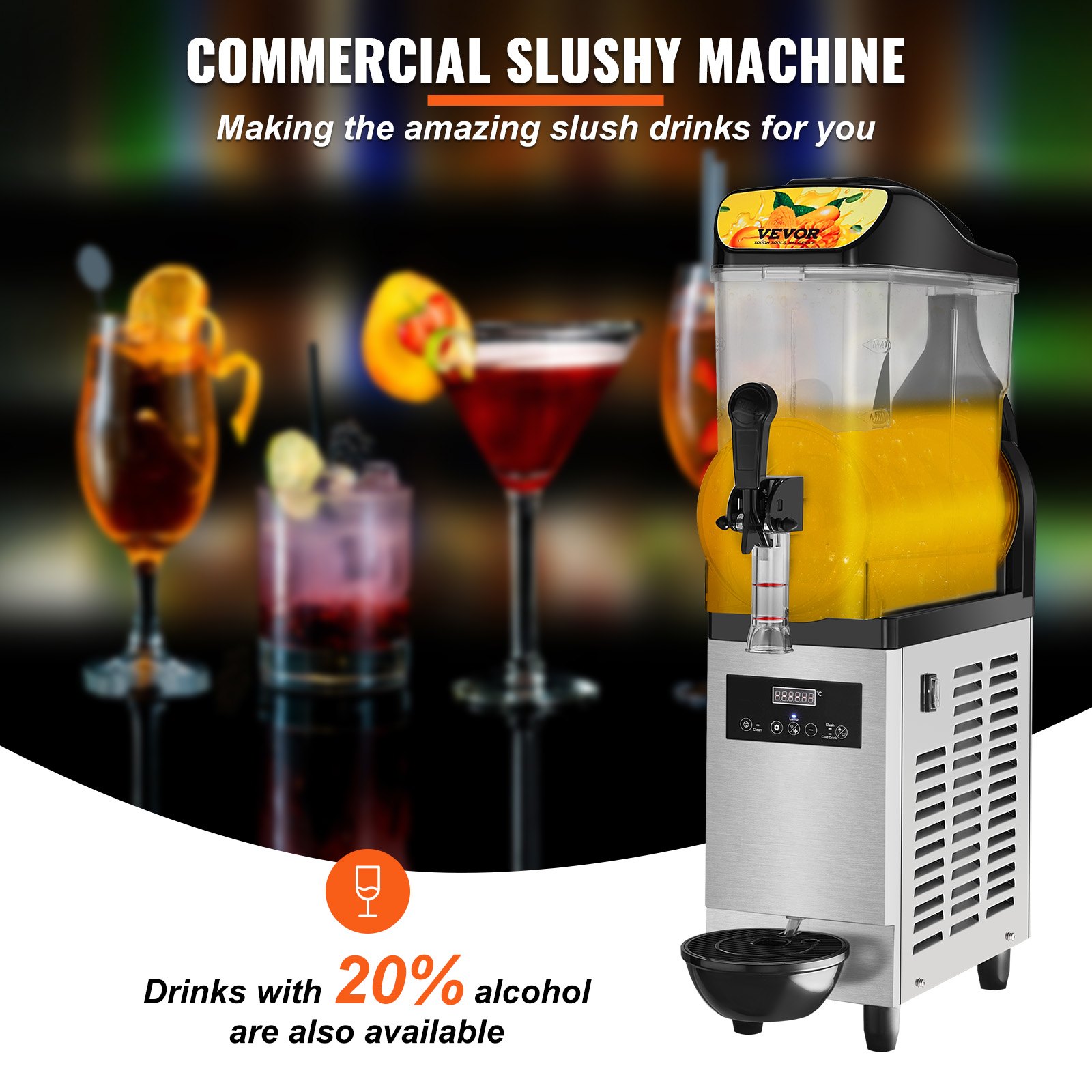 VEVOR Máquina de Granizados Comercial de 12L/3,2 Gal Un Tazón Máquina para Hacer Granizados de Bebidas Congeladas de Acero Inoxidable y PC con Panel de Control 500 W para Restaurantes Cafeterías Bares
