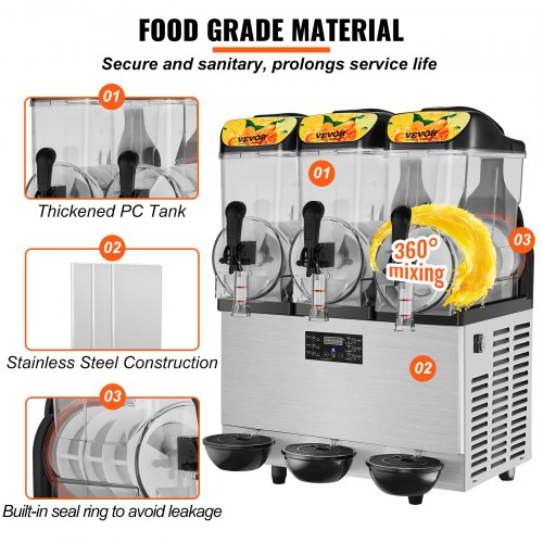 VEVOR Máquina de granizado comercial, cuenco triple de 36 L/9.6 galones, máquina de margarita de 150 tazas, máquina de margarita de acero inoxidable 860 W, máquina de granizado para fiestas, cafetería