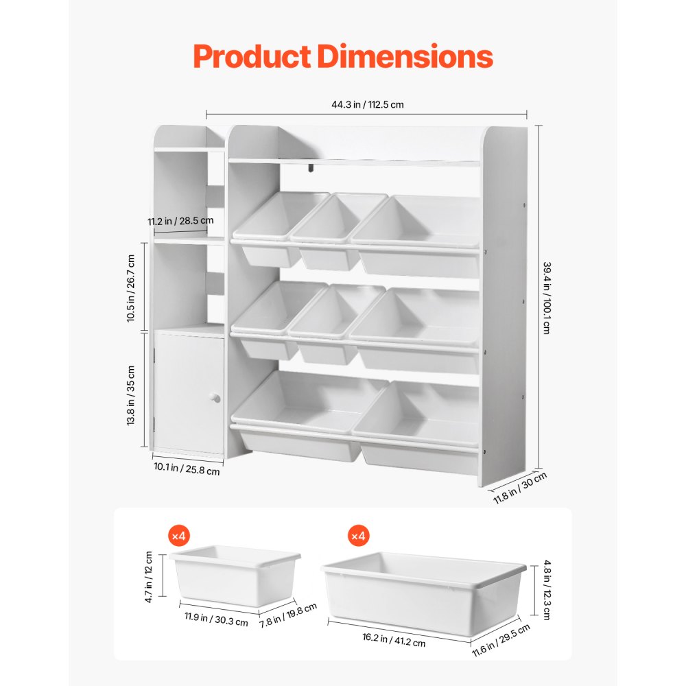 VEVOR Kids Toy Storage and Bookshelf, 4-Tier Toy Storage Organizer with 8 Flexible Plastic Bins, Kids Cubby Cabinet with Bookshelf for Study Room, Bedroom, Playroom, Classroom, Nursery, White