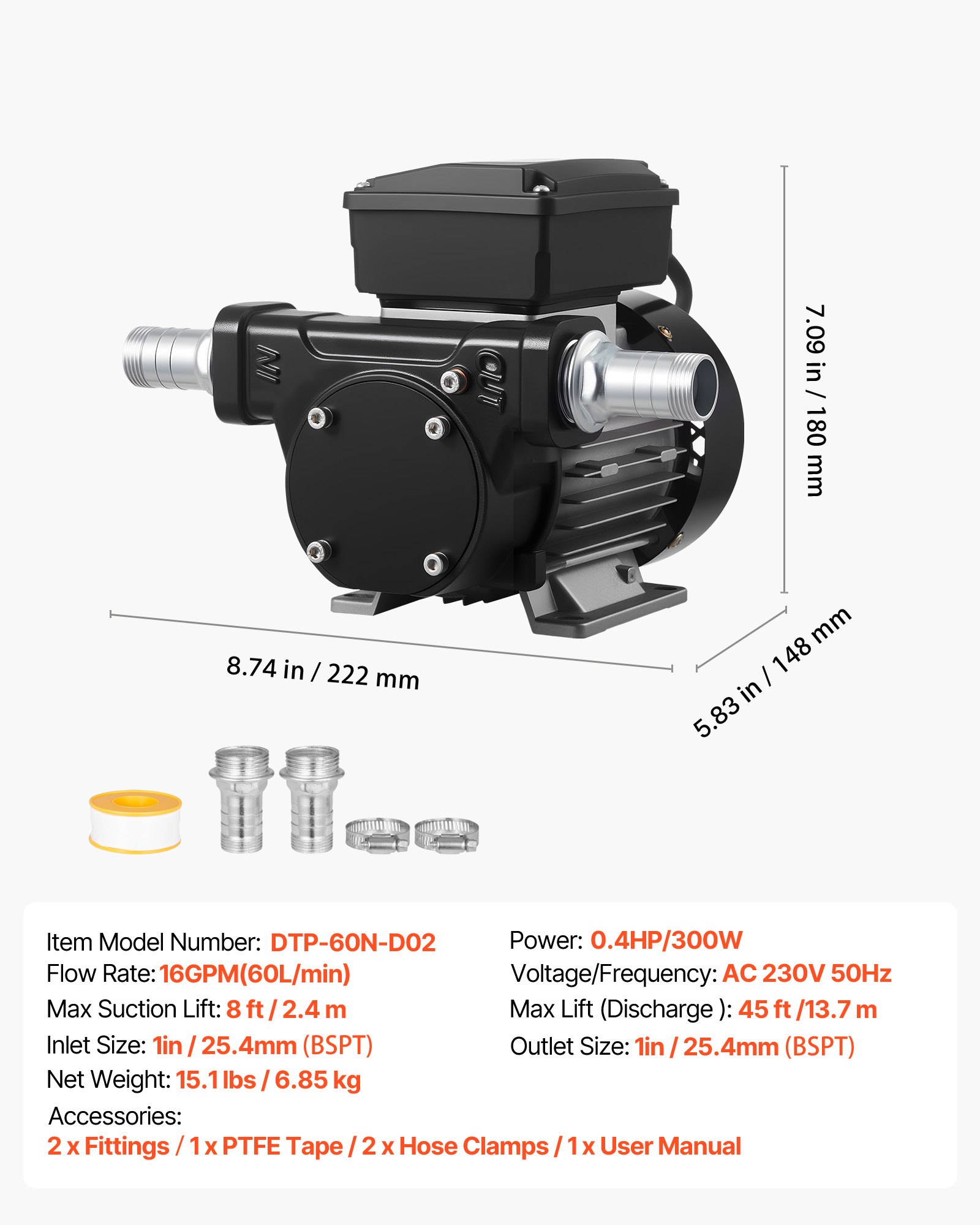 VEVOR Oil Transfer Pump 230V, 16 GPM 60 L/min, AC Electric Fuel Transfer Pump for Diesel Kerosene Biodiesel, 8 ft/2.4 m Max Suction Lift, 45 ft/13.7 m Max Lift, for Vehicles, Construction Sites, Farms