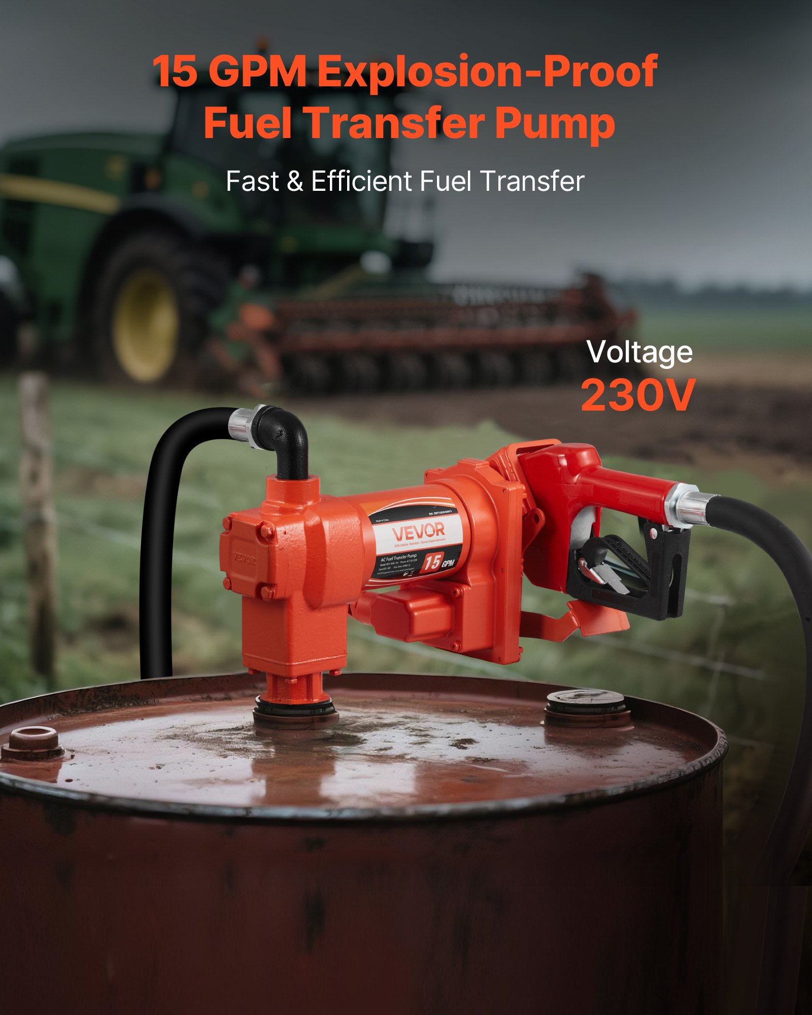 VEVOR Fuel Transfer Pump 230V, 15 GPM 57 L/min, AC Electric Oil Transfer Pump, with Auto Shut-Off Fuel Nozzle & Discharge Hose, High Flow Kit for Gasoline, Diesel, Kerosene, Biodiesel, Ethanol Blends