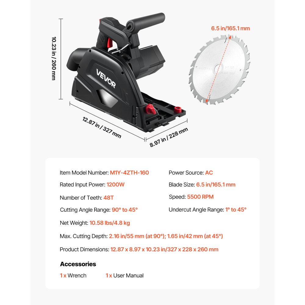 VEVOR Sierra Circular de Inmersión Hoja de Carburo de 165,1 mm con 48 Dientes, Ajuste de Ángulo de 0 a 45°, Profundidad de Corte de 55 mm, para Madera y Plástico, Negro, Riel Guía No Incluido