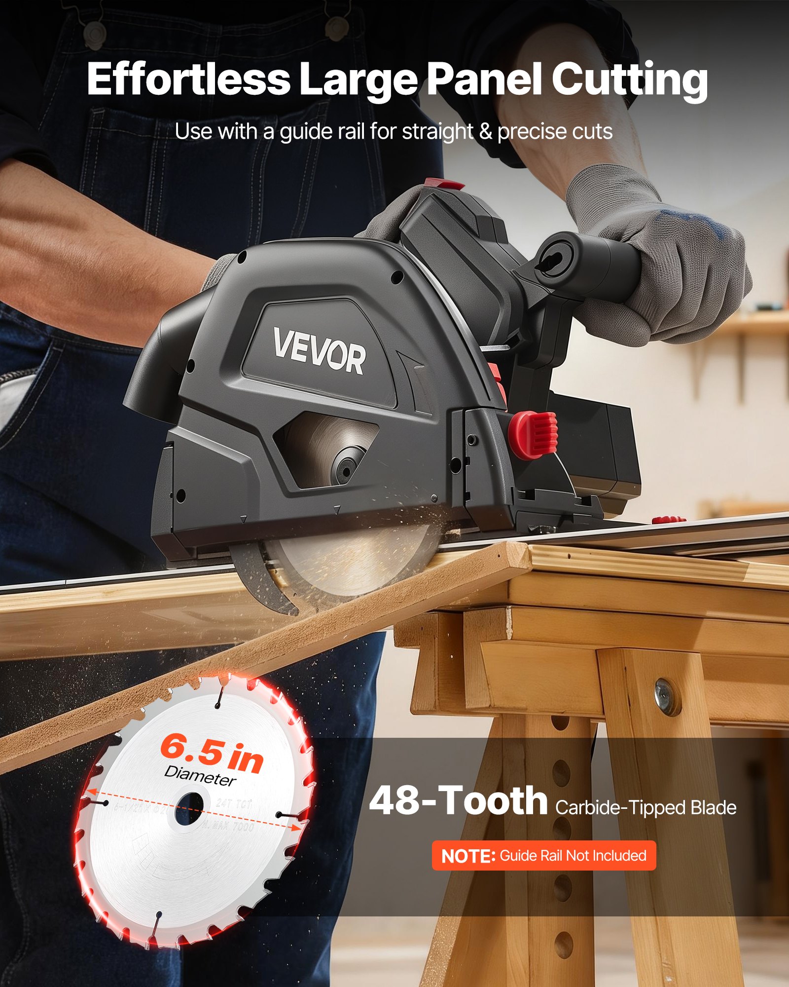 VEVOR Sierra Circular de Inmersión Hoja de Carburo de 165,1 mm con 48 Dientes, Ajuste de Ángulo de 0 a 45°, Profundidad de Corte de 55 mm, para Madera y Plástico, Negro, Riel Guía No Incluido