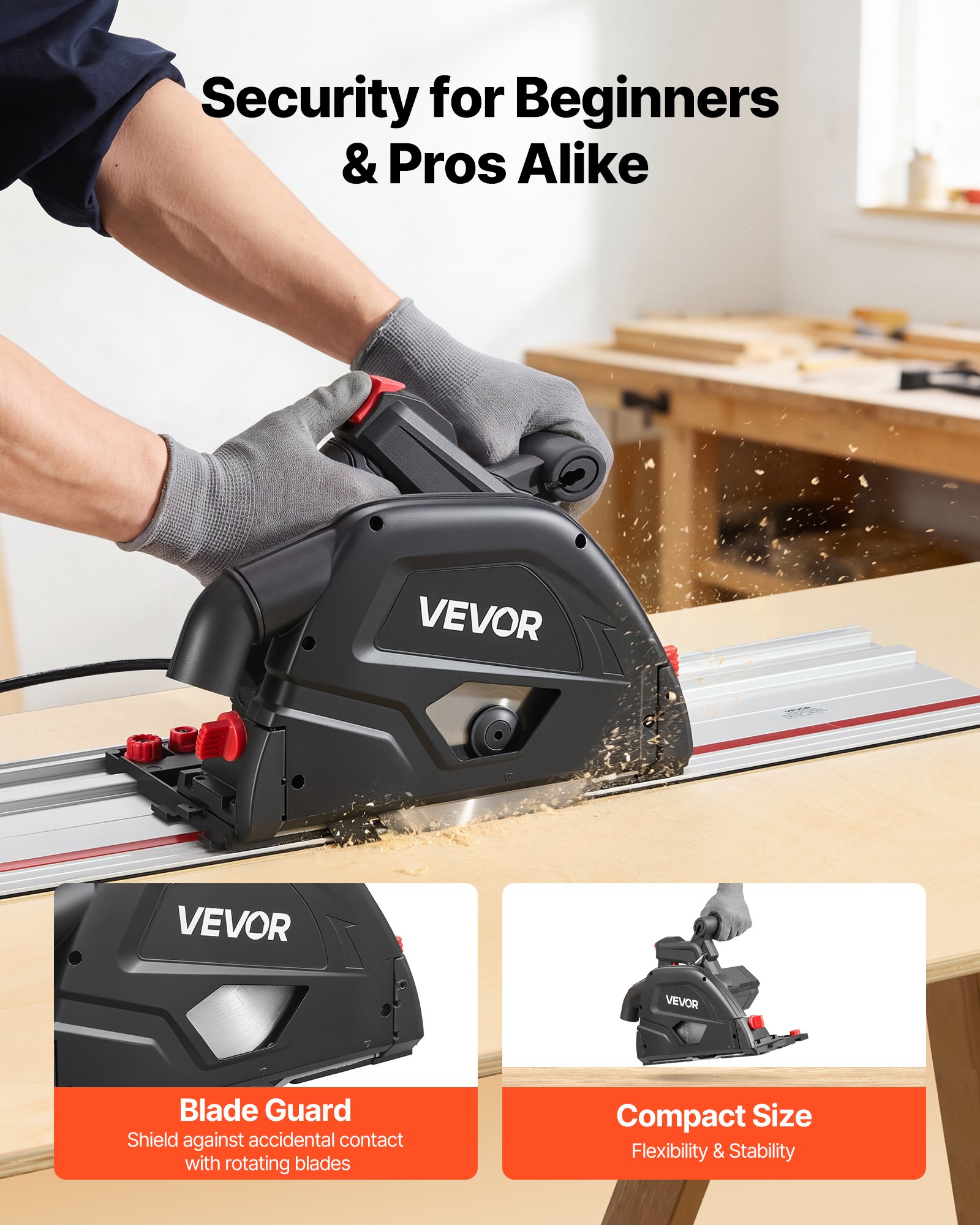 VEVOR Sierra Circular de Inmersión Hoja de Carburo de 165,1 mm con 48 Dientes, Ajuste de Ángulo de 0 a 45°, Profundidad de Corte de 55 mm, para Madera y Plástico, Negro, Riel Guía No Incluido