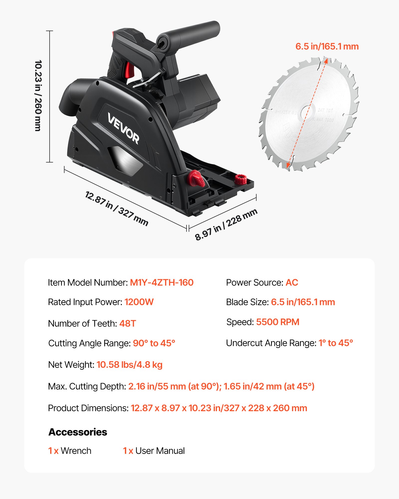 VEVOR Sierra Circular de Inmersión Hoja de Carburo de 165,1 mm con 48 Dientes, Ajuste de Ángulo de 0 a 45°, Profundidad de Corte de 55 mm, para Madera y Plástico, Negro, Riel Guía No Incluido