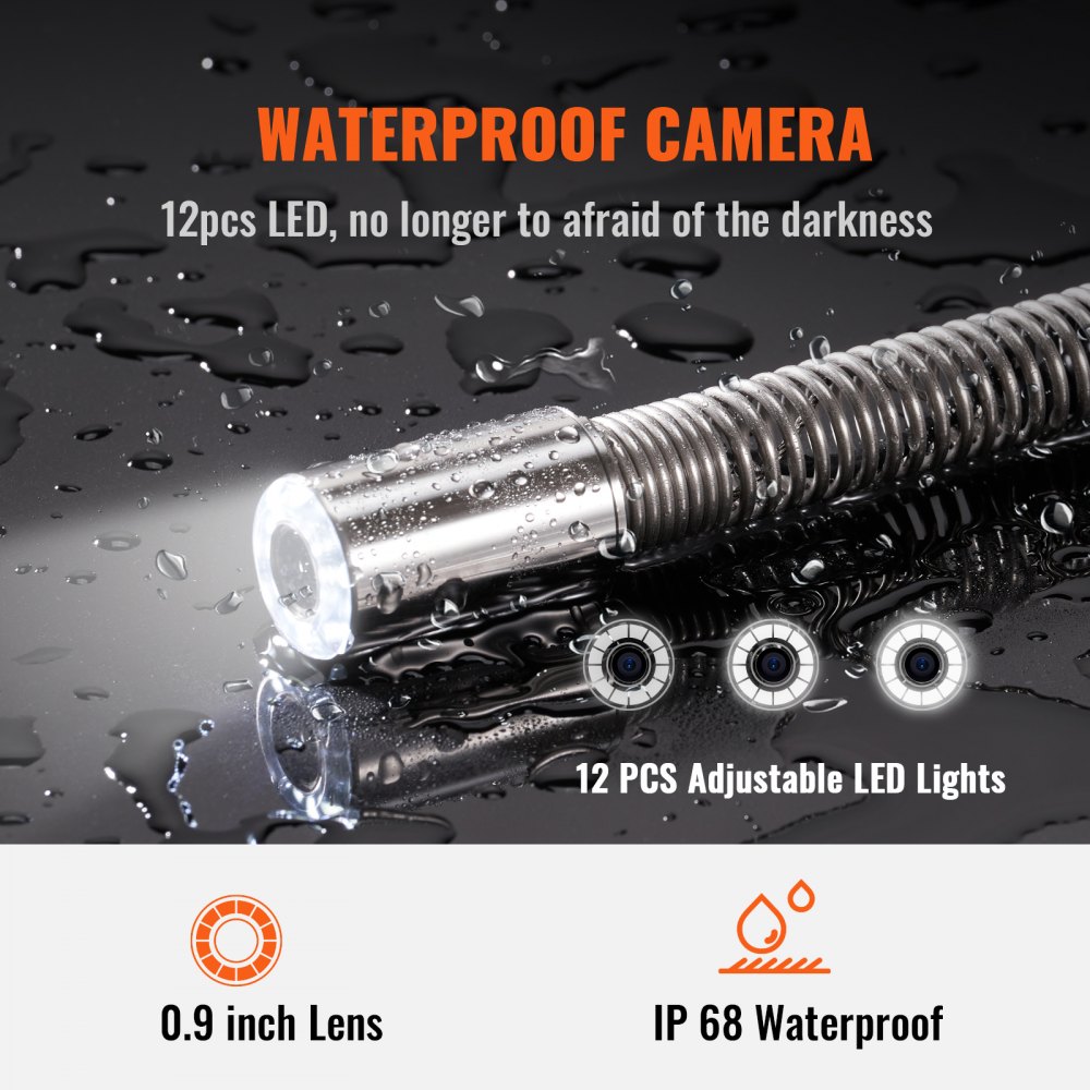 VEVOR Cámara Endoscópica de Drenaje Pantalla de 9" con IP68 Impermeable Batería de 4500mAh 12 LED Ajustable Cable de 120m Tarjeta SD de 16GB para Tubería de Alcantarillado Drenaje de Plomería en Hogar