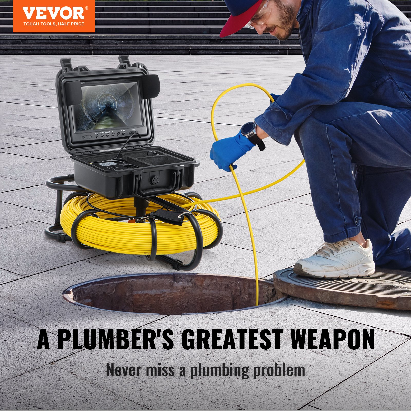 VEVOR Cámara Endoscópica de Drenaje Pantalla de 9" con IP68 Impermeable Batería de 4500mAh 12 LED Ajustable Cable de 120m Tarjeta SD de 16GB para Tubería de Alcantarillado Drenaje de Plomería en Hogar