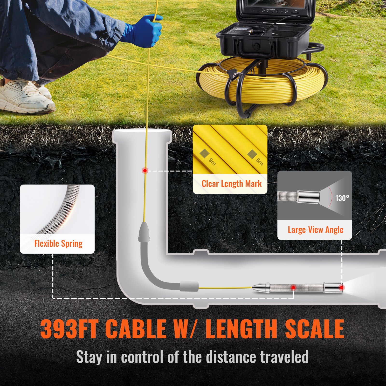 VEVOR Cámara Endoscópica de Drenaje Pantalla de 9" con IP68 Impermeable Batería de 4500mAh 12 LED Ajustable Cable de 120m Tarjeta SD de 16GB para Tubería de Alcantarillado Drenaje de Plomería en Hogar