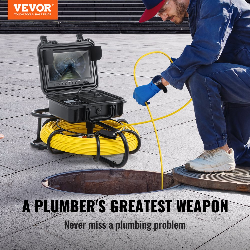 VEVOR Cámara Endoscópica de Drenaje Pantalla de 9" IP68 Impermeable Batería de 4500 mAh 12 LED Ajustable Cable de 91,5 m Tarjeta SD de 16GB para Tubería de Alcantarillado Drenaje de Plomería en Hogar