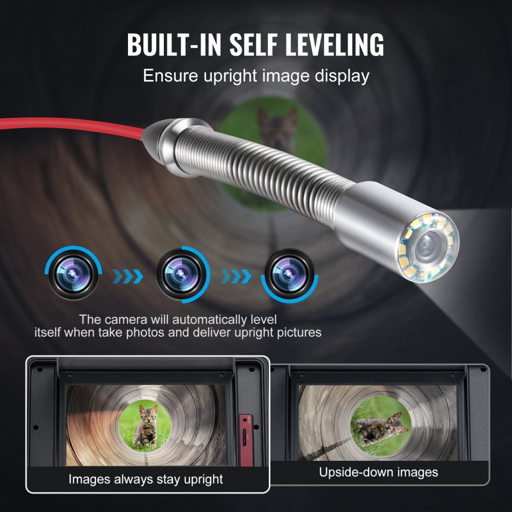 VEVOR Cámara de Alcantarillado, 100 m, Cámara de Drenaje Autonivelante con Pantalla Táctil, Transmisor de 512 Hz y Contador de Distancia, con Luces, 12 LED, Tarjeta de 32 GB, 555 × 275 × 665 mm