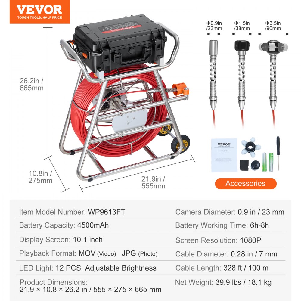 VEVOR Cámara de Alcantarillado, 100 m, Cámara de Drenaje Autonivelante con Pantalla Táctil, Transmisor de 512 Hz y Contador de Distancia, con Luces, 12 LED, Tarjeta de 32 GB, 555 × 275 × 665 mm
