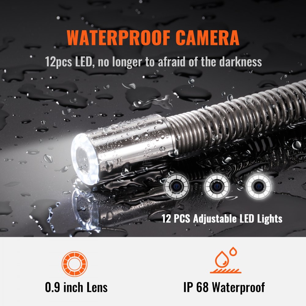VEVOR Cámara Endoscópica de Drenaje Pantalla de 9" con IP68 Impermeable Batería de 4500 mAh 12 LED Ajustable Cable de 50m Tarjeta SD de 16GB para Tubería de Alcantarillado Drenaje de Plomería
