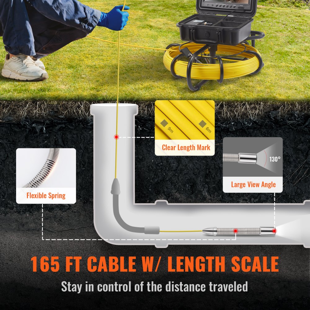 VEVOR Cámara Endoscópica de Drenaje Pantalla de 9" con IP68 Impermeable Batería de 4500 mAh 12 LED Ajustable Cable de 50m Tarjeta SD de 16GB para Tubería de Alcantarillado Drenaje de Plomería