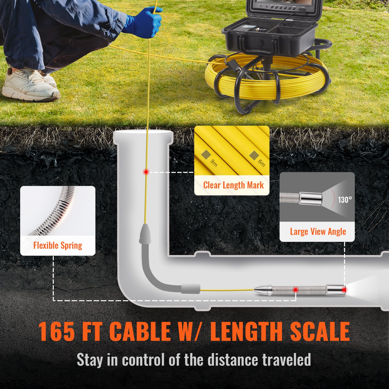 VEVOR Cámara Endoscópica de Drenaje Pantalla de 9" con IP68 Impermeable Batería de 4500 mAh 12 LED Ajustable Cable de 50m Tarjeta SD de 16GB para Tubería de Alcantarillado Drenaje de Plomería