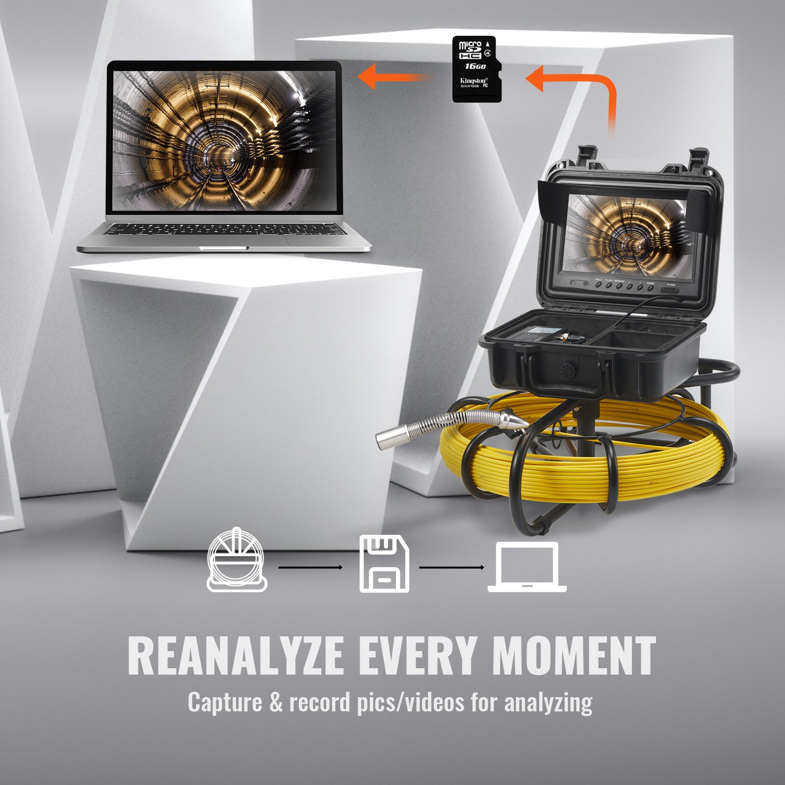 VEVOR Cámara Endoscópica de Drenaje Pantalla de 9" con IP68 Impermeable Batería de 4500 mAh 12 LED Ajustable Cable de 50m Tarjeta SD de 16GB para Tubería de Alcantarillado Drenaje de Plomería